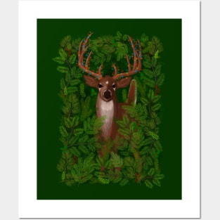 Christmas Fairy lights holiday deer illustration on a forest background Posters and Art